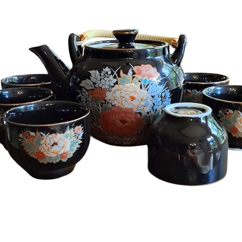 RARE Vintage Japanese Shibata 9pc Tea Set; Black Enamel w/Gold Accents
